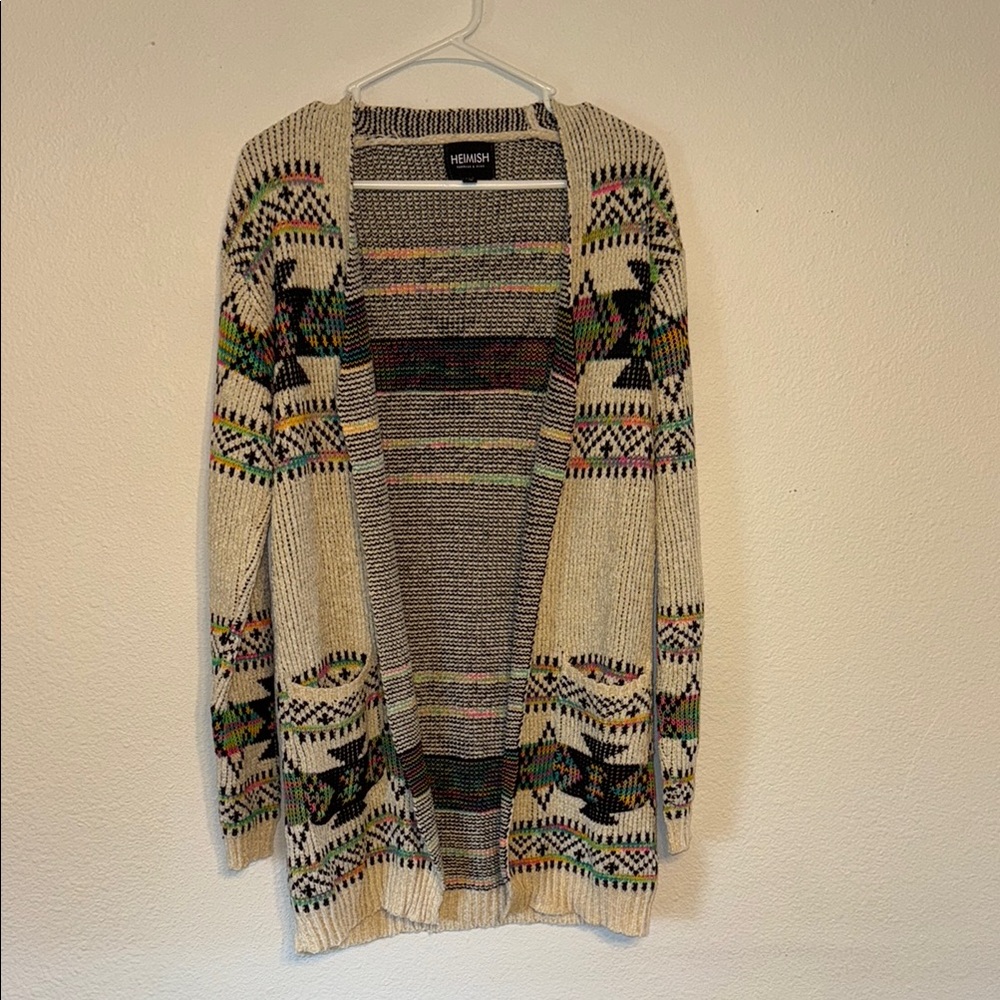 HEIMISH USA Cream Cardigan Sweater with Geometric Patterns and Pockets